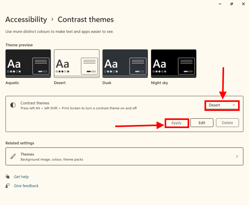 Select a theme from the Contrast themes menu and click Apply